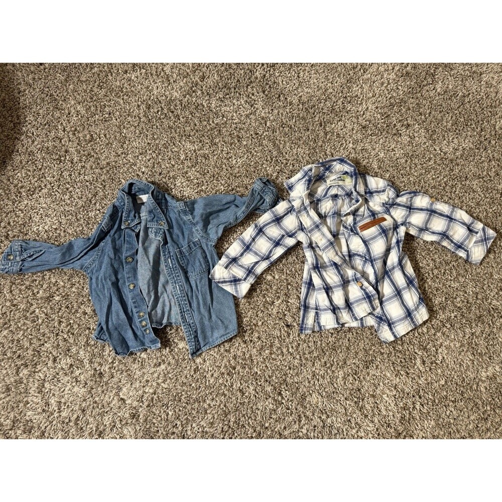 18M Toddler Boy Shirt Bundle Genuine Kids Plaid Flannel & Blue Denim Button Up